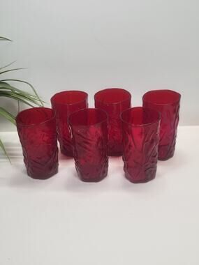 Vintage Seneca Driftwood Red Crinkle Glass Juice Tumblers Set of 6 MCM Ruby